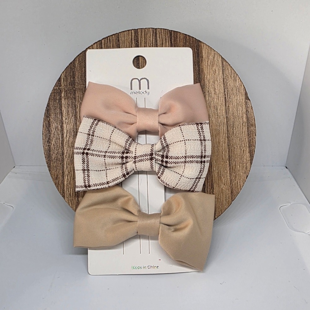 Melody 3-Piece Bow Hair Clip Set Beige Brown Plaid Neutral Preppy
